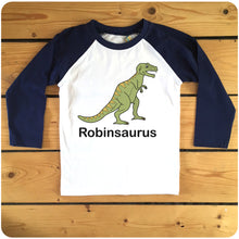 Load image into Gallery viewer, Personalised Tyrannosaurus Rex Kids Raglan Baseball T-Shirt available in navy or red
