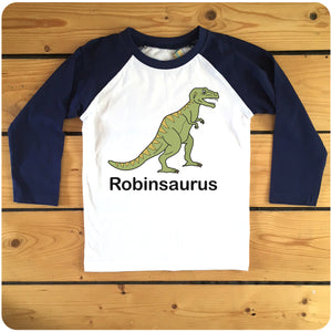 Personalised Tyrannosaurus Rex Kids Raglan Baseball T-Shirt available in navy or red