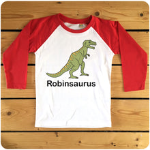 Load image into Gallery viewer, Personalised Tyrannosaurus Rex Kids Raglan Baseball T-Shirt available in navy or red