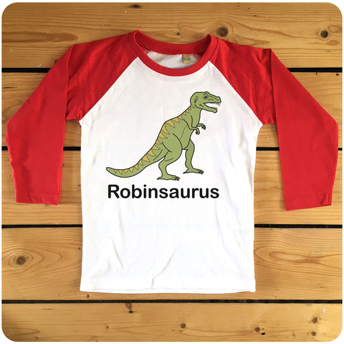 Personalised Tyrannosaurus Rex Kids Raglan Baseball T-Shirt available in red or navy