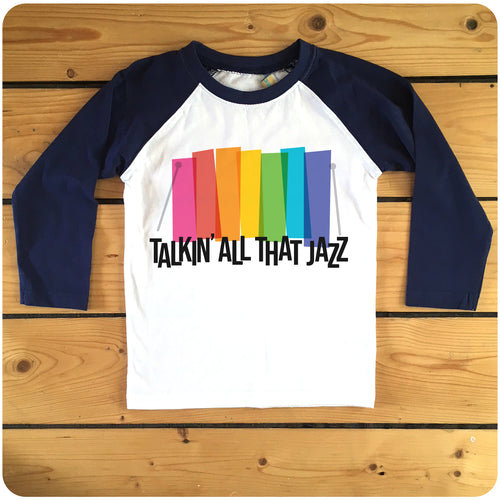 Talkin All That Jazz red or navy raglan long-sleeve baseball