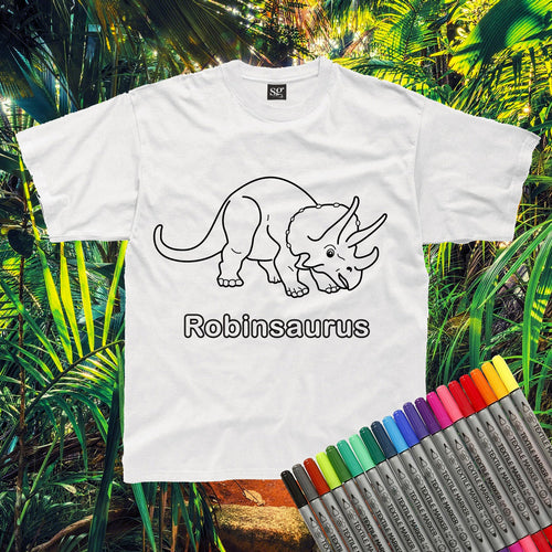 Personalised Colour-In Dinosaur T-Shirt - Triceratops (fabric pens optional)