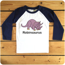Load image into Gallery viewer, Personalised Triceratops Kids Raglan Baseball T-Shirt available in red or navy