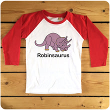Load image into Gallery viewer, Personalised Triceratops Kids Raglan Baseball T-Shirt available in red or navy