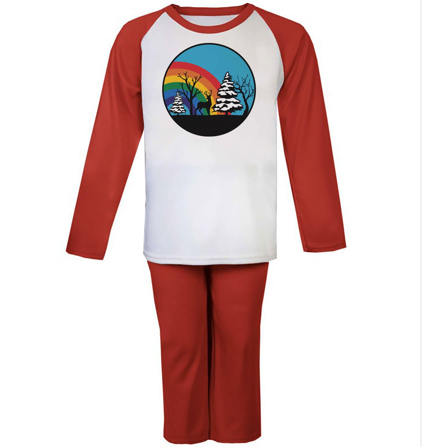 Wintery Christmas Scene Rainbow Red Raglan Kids Pyjama Set