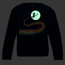 Load image into Gallery viewer, Glow in The Dark Take To The Sky Kids Halloween Sweatshirt in charcoal or navy