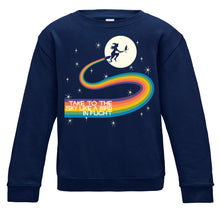 Load image into Gallery viewer, Glow in The Dark Take To The Sky Kids Halloween Sweatshirt in charcoal or navy